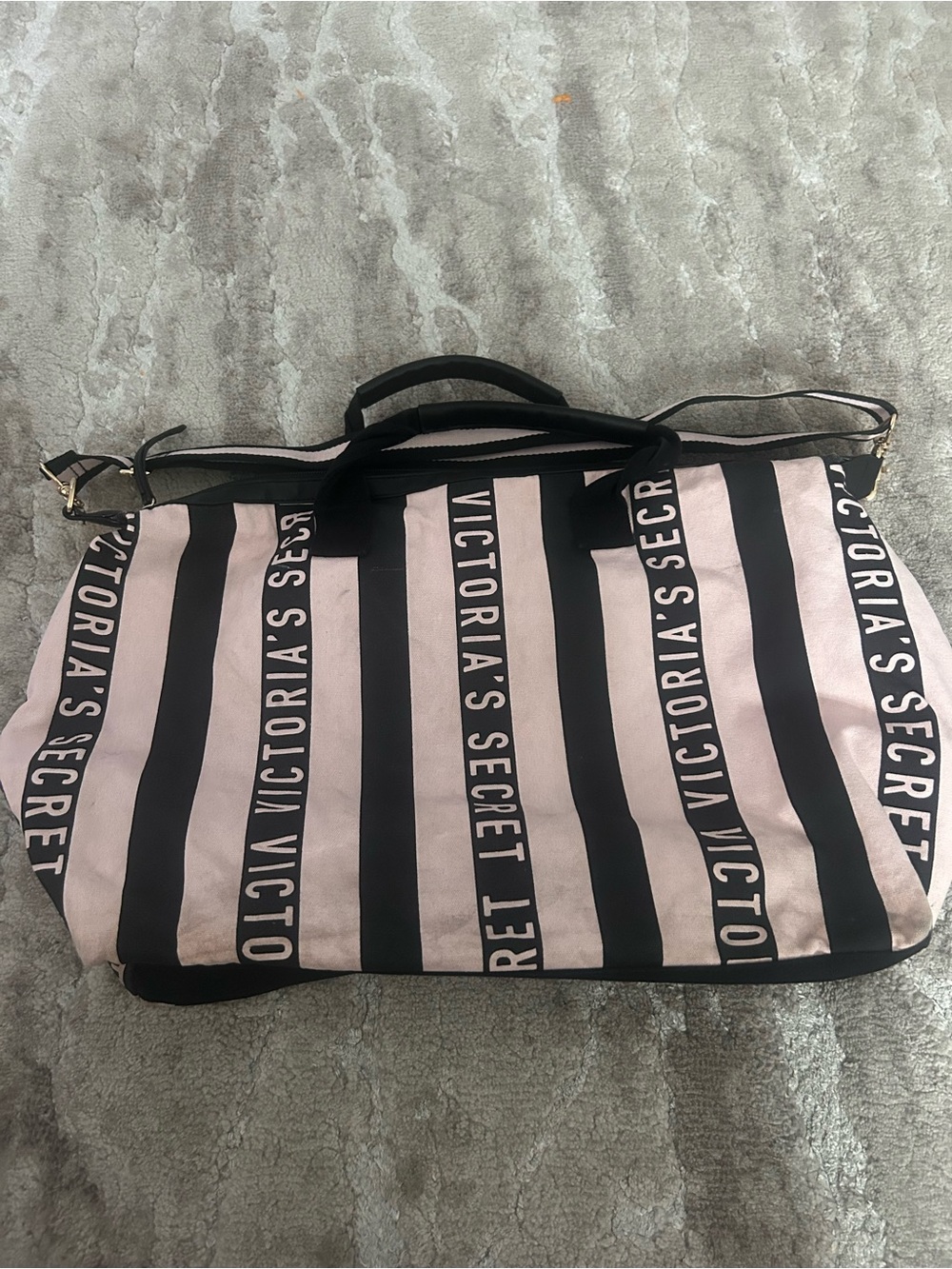 Victoria's Secret Black and Pink Striped Travel Tote